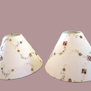 Vtg Off White Large Hurricane lampshade pair of delicate red flowers & green vin